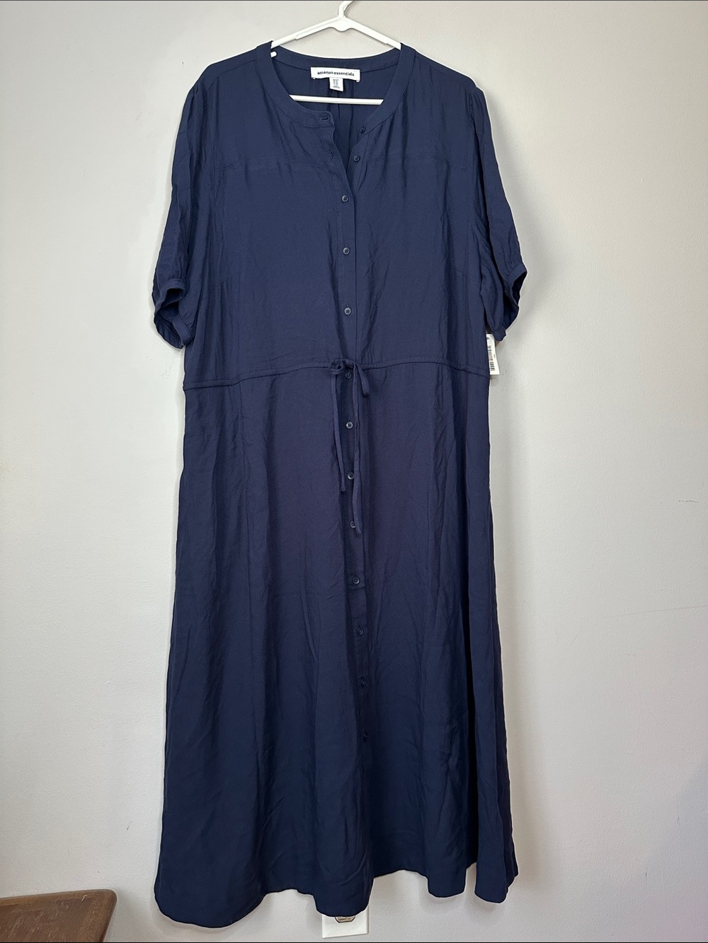 Button-Front Navy Midi Dress with Drawstring Waist